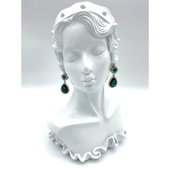 Formal Dangle Drop Rhinestone Bordered Green Faceted Square Teardrop Earrings - Picture 4 of 5